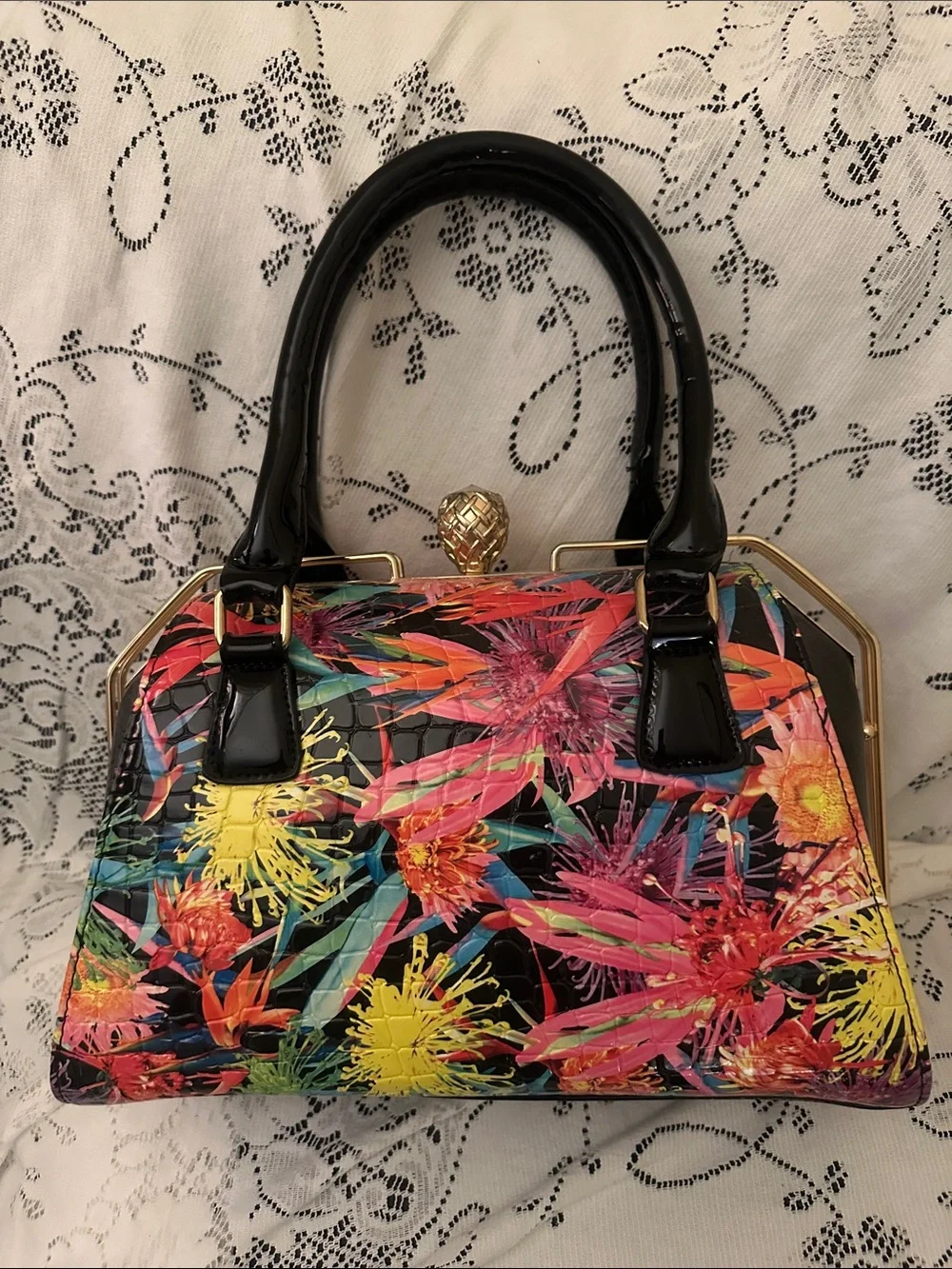 Floral Multicolor Patent Satchel Handbag - Black Trim